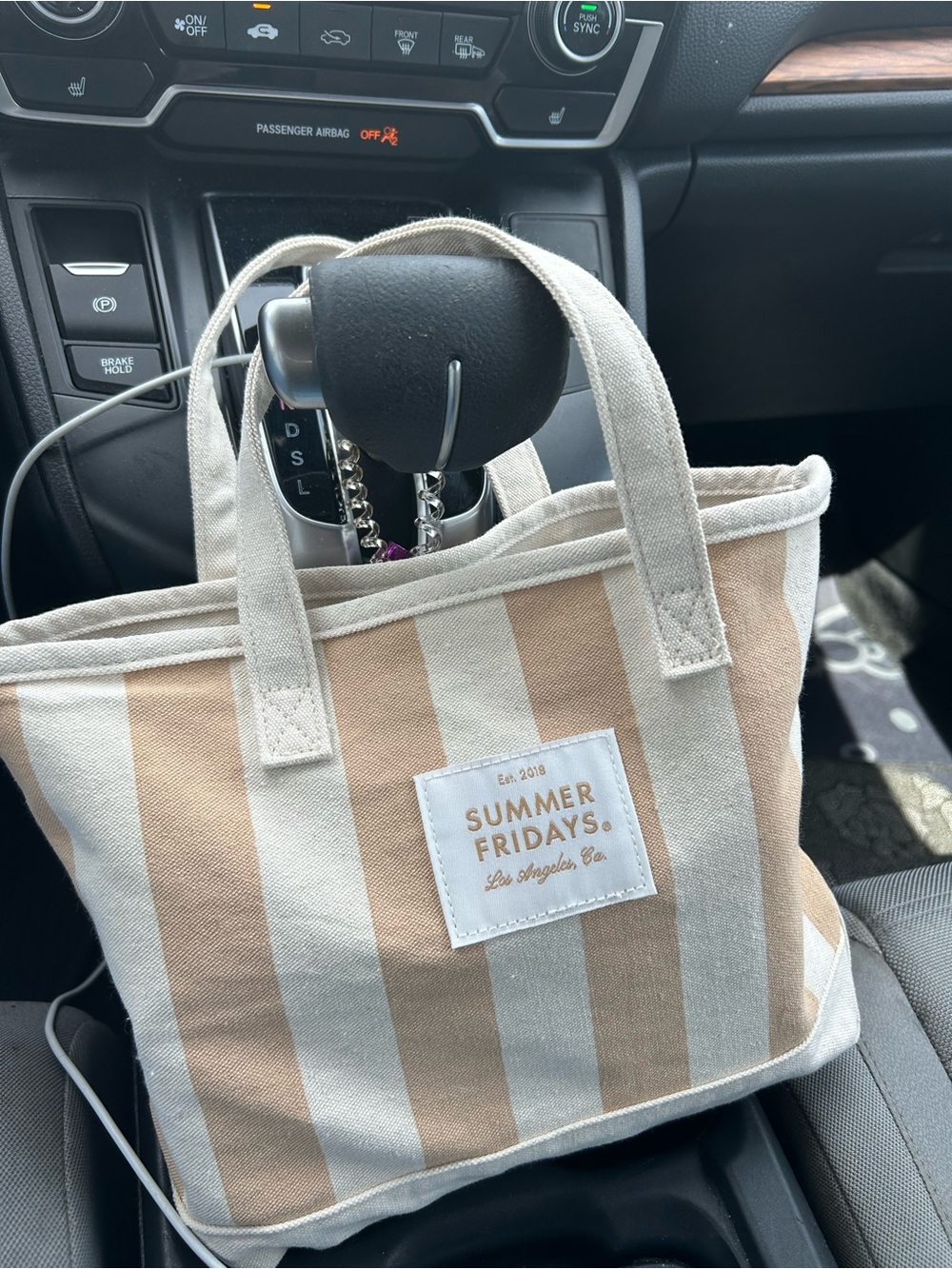 Summer Fridays Beige & Cream Striped Canvas Tote